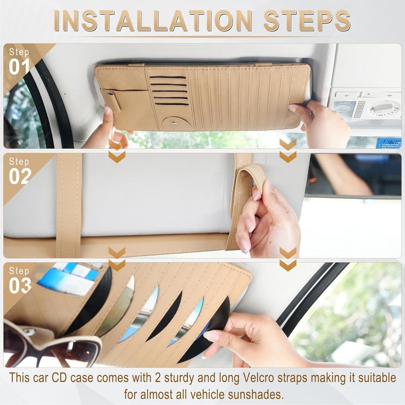 alpmosn Sun Visor CD Case Holder for Car - Multi-Function Visor Organizer with CD/DVD Storage, Eyeglass Clip, Card Slots & Pen Holder, Durable Leather Car Accessories (Beige) - Image 4